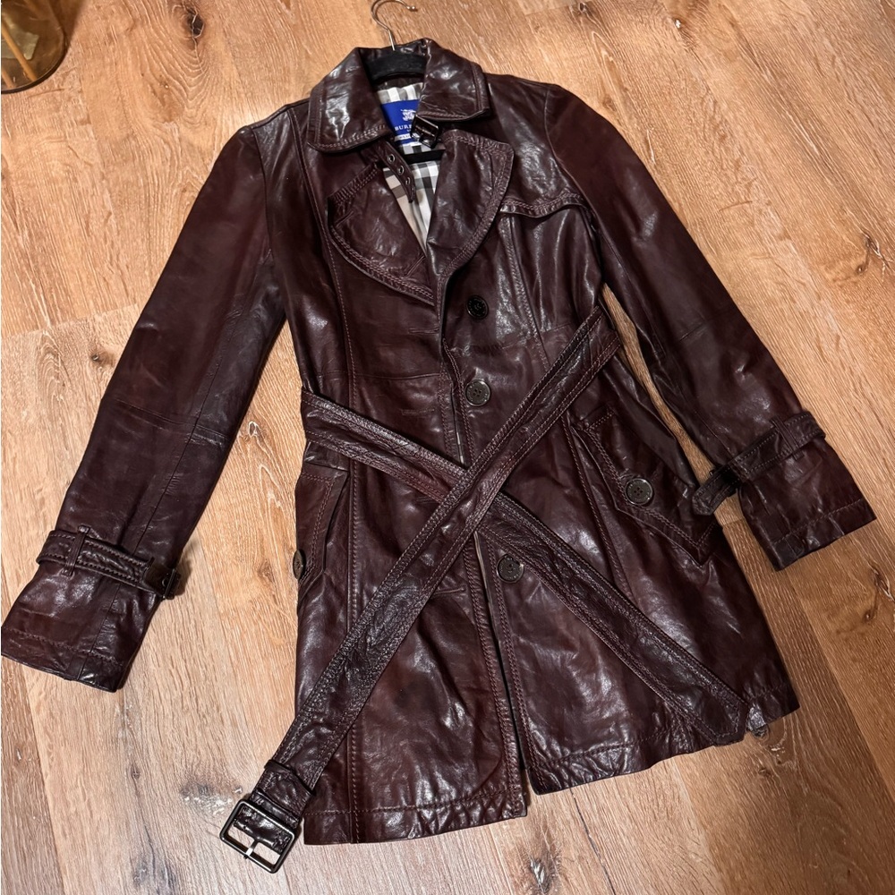 Burberry Burgundy Chocolate Brown Leather Trench Coat Size 38 (US 2) - Picture 5 of 6
